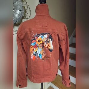 Eddie Bauer Rust Jean Jacket with Floral Horse Back Graphic